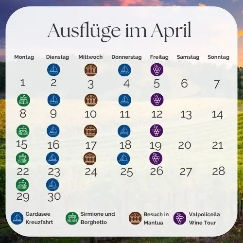 Calendario gite aprile, varie attività settimanali.