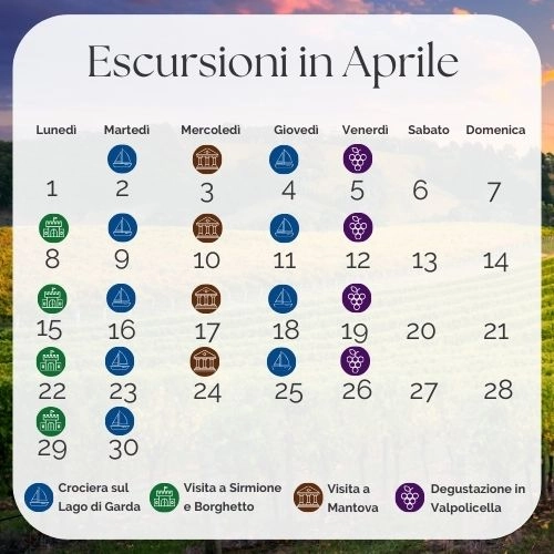 Calendario escursioni aprile: crociere, visite, degustazioni.