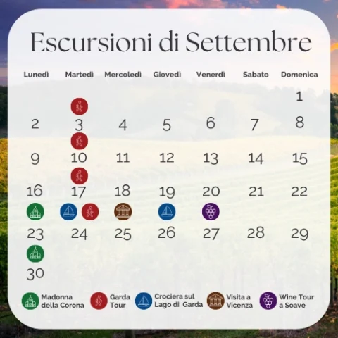 Calendario escursioni settembre: Madonna della Corona, Garda, Vicenza.