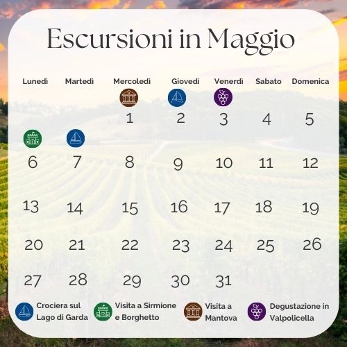 Calendario di escursioni in maggio, crociere e degustazioni.