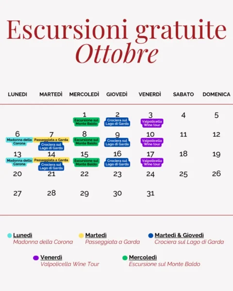 Calendario escursioni gratuite ottobre: Madonna della Corona, crociera.