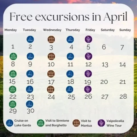 Calendario escursioni gratuite in aprile con destinazioni.