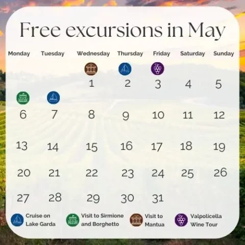 Calendario escursioni gratuite maggio: lago, Sirmione, Mantova, vino