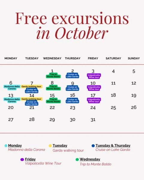 Calendario escursioni gratuite ottobre, dettagli attività giornaliere.