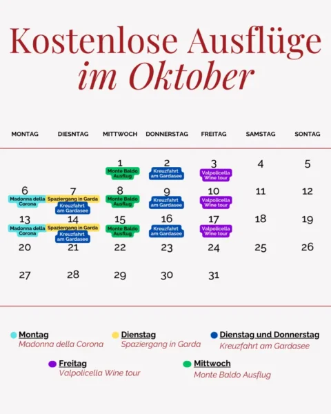 Calendario escursioni gratuite a ottobre, nome dei giorni.